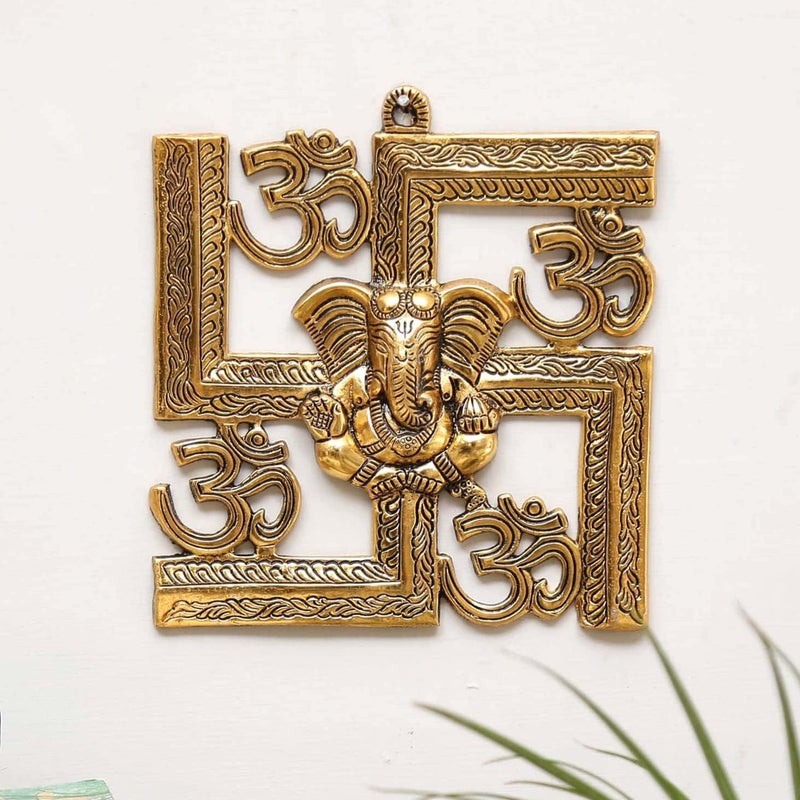 KridayKraft Ganesha Metal StatueGanpati Wall Hanging SculptureMetal Swastik Ganesha Murti Lucky For Home Office Gold - Image 1