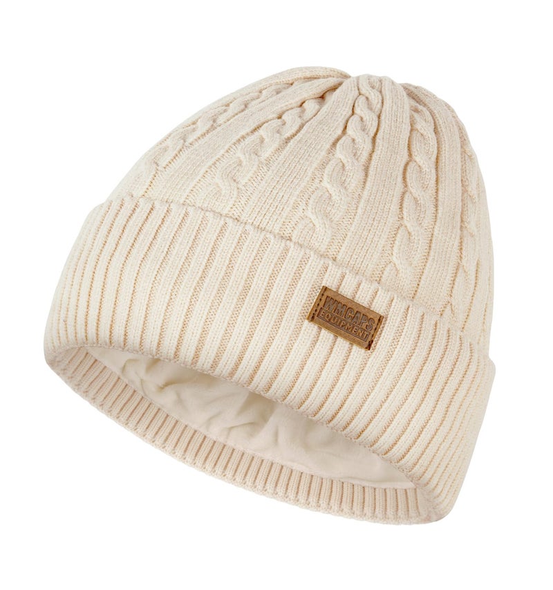 Wmcaps Warm Winter Fleece Lined Beanie, Trendy Knitted Cable Twist Hat, Unisex Snow Thermal Stocking Caps(White) - Image 1