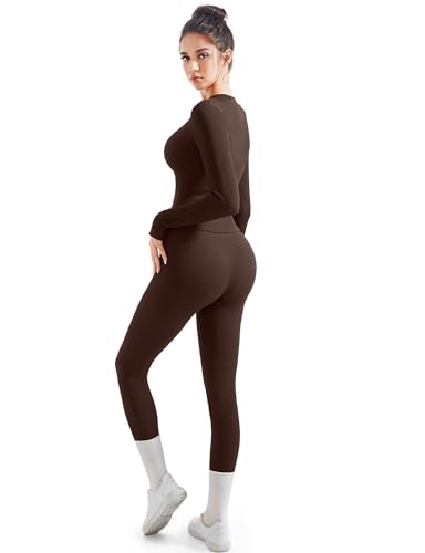 SUUKSESS Women 2 Piece Seamless Ribbed Workout Sets Tracksuit With Zip Up Jacket High Waisted Gym Yoga Leggings (Brown,M) - Image 3