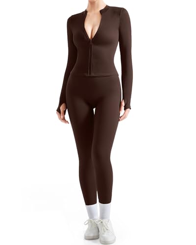 SUUKSESS Women 2 Piece Seamless Ribbed Workout Sets Tracksuit With Zip Up Jacket High Waisted Gym Yoga Leggings (Brown,M) - Image 1