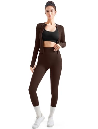 SUUKSESS Women 2 Piece Seamless Ribbed Workout Sets Tracksuit With Zip Up Jacket High Waisted Gym Yoga Leggings (Brown,M) - Image 4