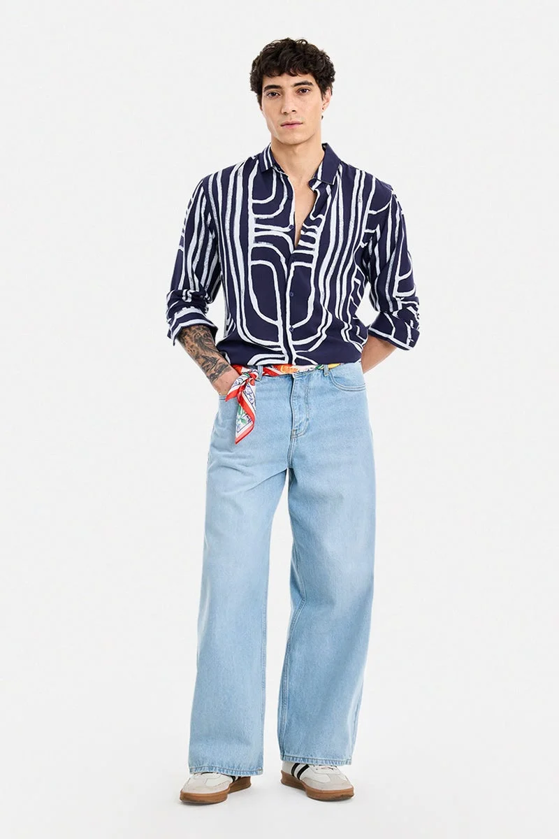 سنيتش Navy Abstract Long Sleeve Regular Fit Shirt