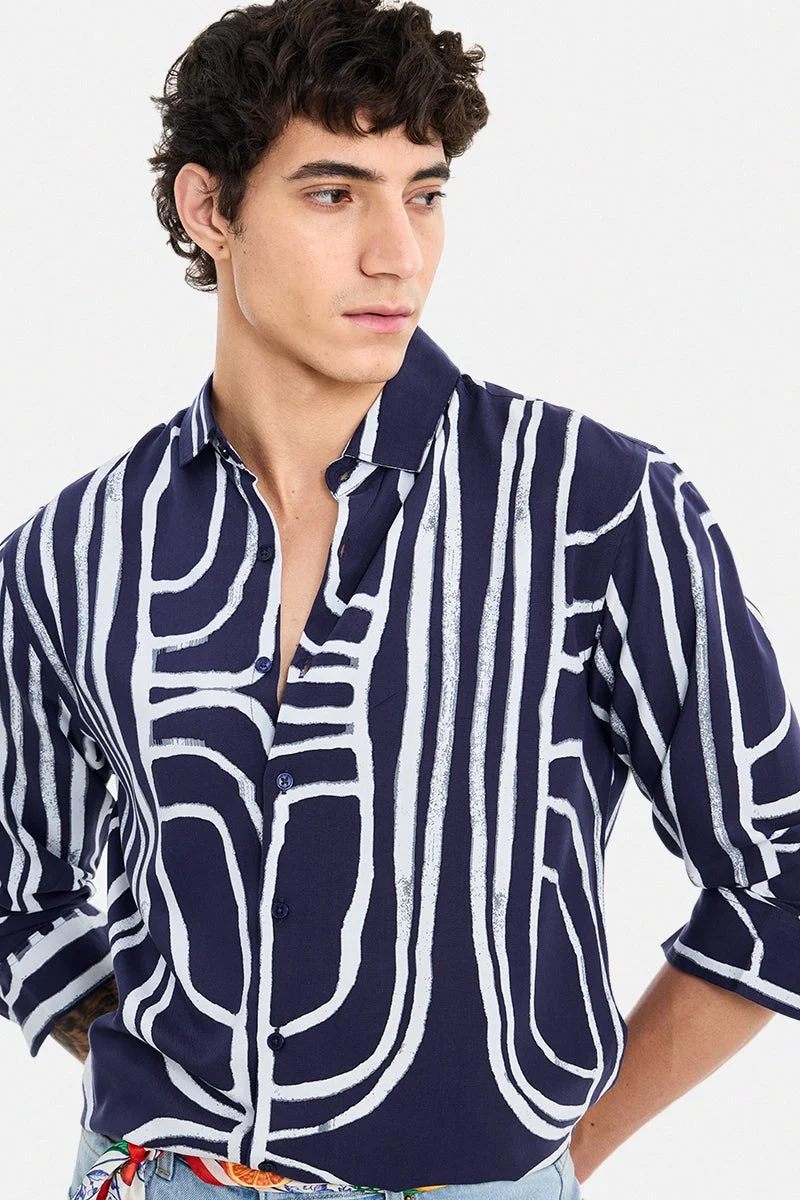 سنيتش Navy Abstract Long Sleeve Regular Fit Shirt
