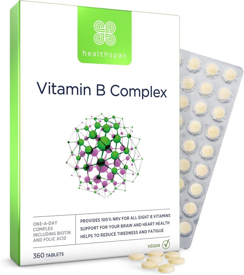 Healthspan Vitamin B Complex 12 months Supply High Levels of 8 BComplex Vitamins Heart Health Mental Performance Psychological Function Combat Tiredness Fatigue Gelatin Free Vegan - Image 1