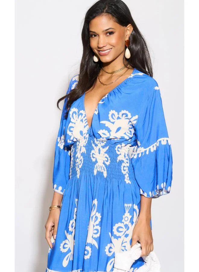 Hoxton Gal Royal Blue Geometric Print Knee‑Length Dress - V‑Neck, Wide Sleeves, Relaxed Fit