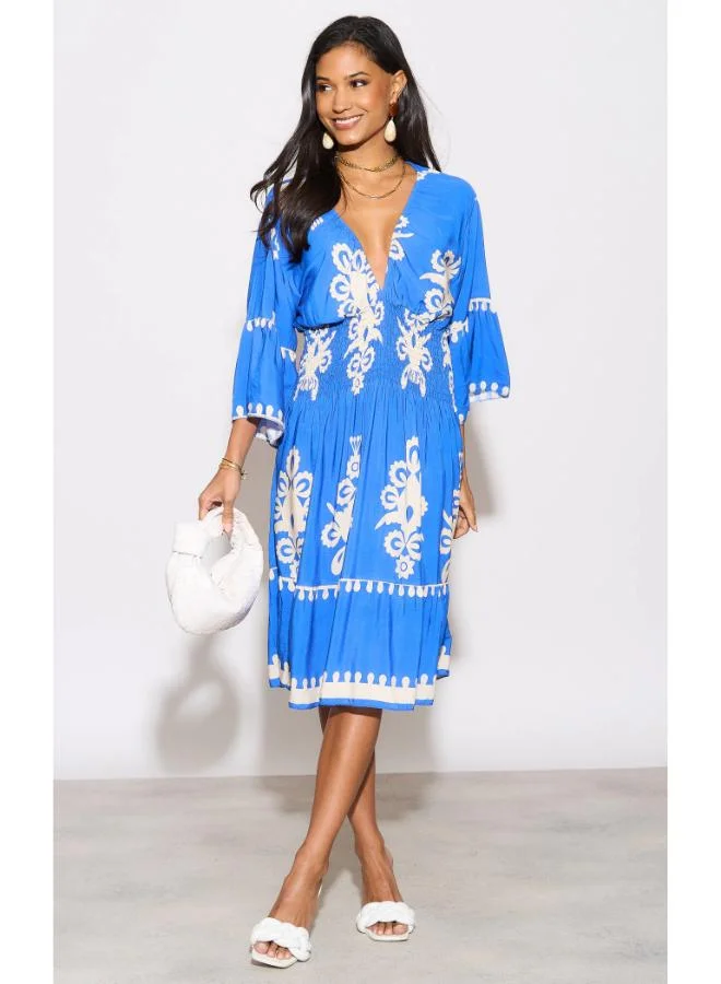 Hoxton Gal Royal Blue Geometric Print Knee‑Length Dress - V‑Neck, Wide Sleeves, Relaxed Fit
