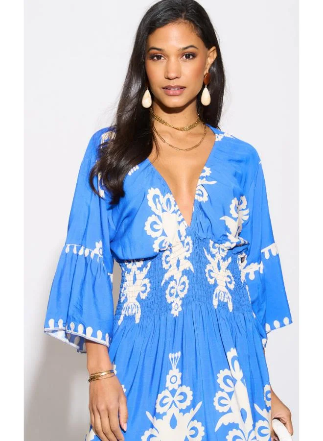 Hoxton Gal Royal Blue Geometric Print Knee‑Length Dress - V‑Neck, Wide Sleeves, Relaxed Fit
