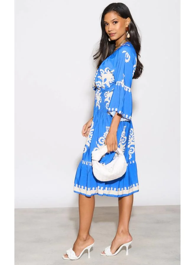 Hoxton Gal Royal Blue Geometric Print Knee‑Length Dress - V‑Neck, Wide Sleeves, Relaxed Fit