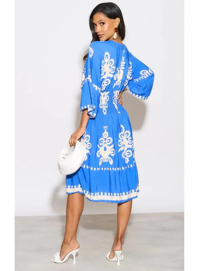 Hoxton Gal Royal Blue Geometric Print Knee‑Length Dress - V‑Neck, Wide Sleeves, Relaxed Fit