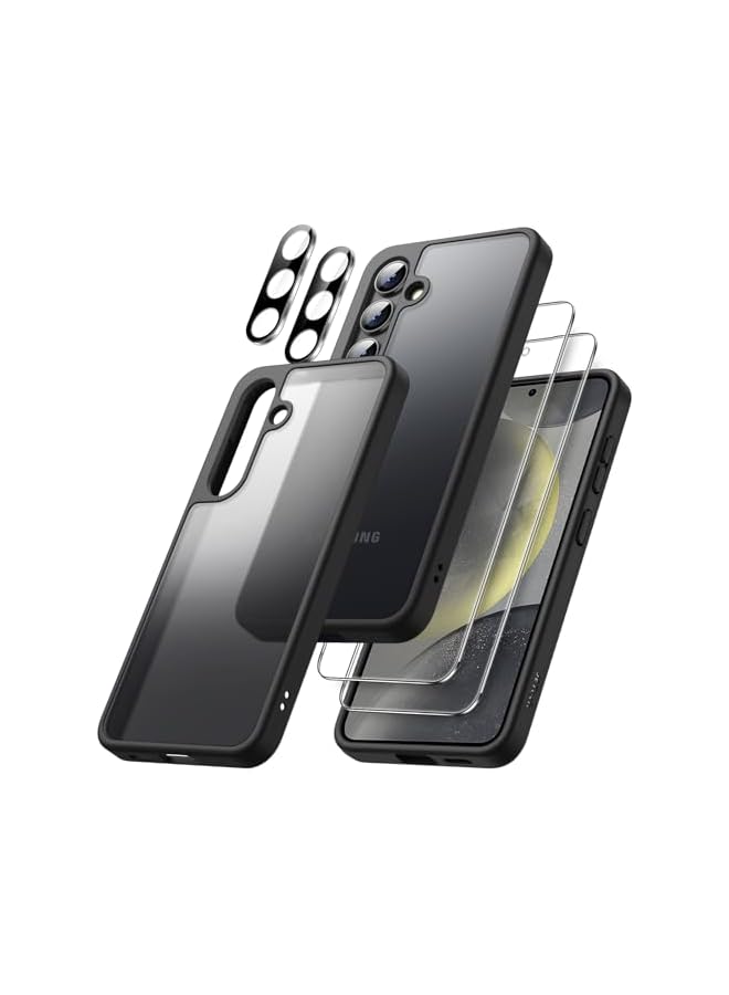 جي تيك حافظة JETech 5 في 1 غير لامعة لهاتف سامسونج جالاكسي S24 5G مع واقي شاشة وحامي عدسة الكاميرا، غطاء هاتف واقٍ خلفي شفاف، طبقة من الزجاج المقسى (أسود) - Image 1