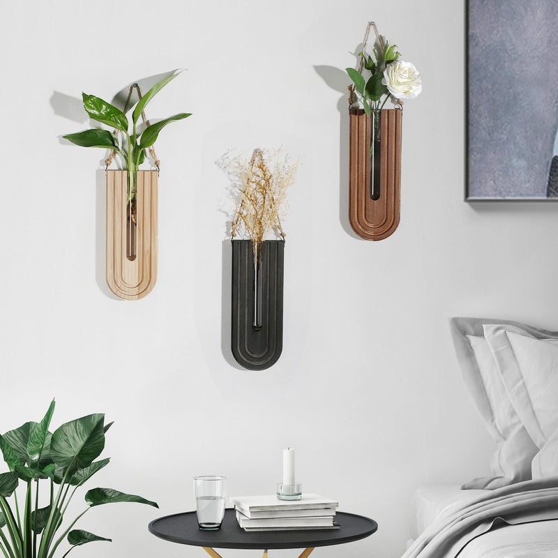 Dnnnii Indoor Wood Wall Planter Set of 3 for Plants - Boho Handmade Hanging Propagation Station with Curved Rainbow Design, Wall Mounted Vase for Flowers, Natural Home Decor Living Room Entryway - Image 4