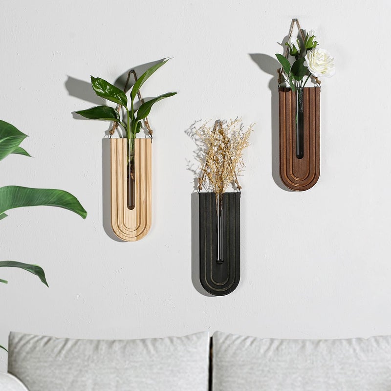 Dnnnii Indoor Wood Wall Planter Set of 3 for Plants - Boho Handmade Hanging Propagation Station with Curved Rainbow Design, Wall Mounted Vase for Flowers, Natural Home Decor Living Room Entryway - Image 5