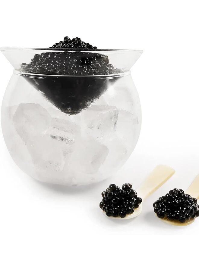 طقم تقديم الكافيار: طبق زجاجي للكافيار مع ملاعق على شكل أصداف، طبق تقديم مبرد مع حامل ثلج للروبيان والآيس كريم والمارتيني والكوكتيلات، طبق تقديم آمن للغسل في غسالة الصحون - Image 1