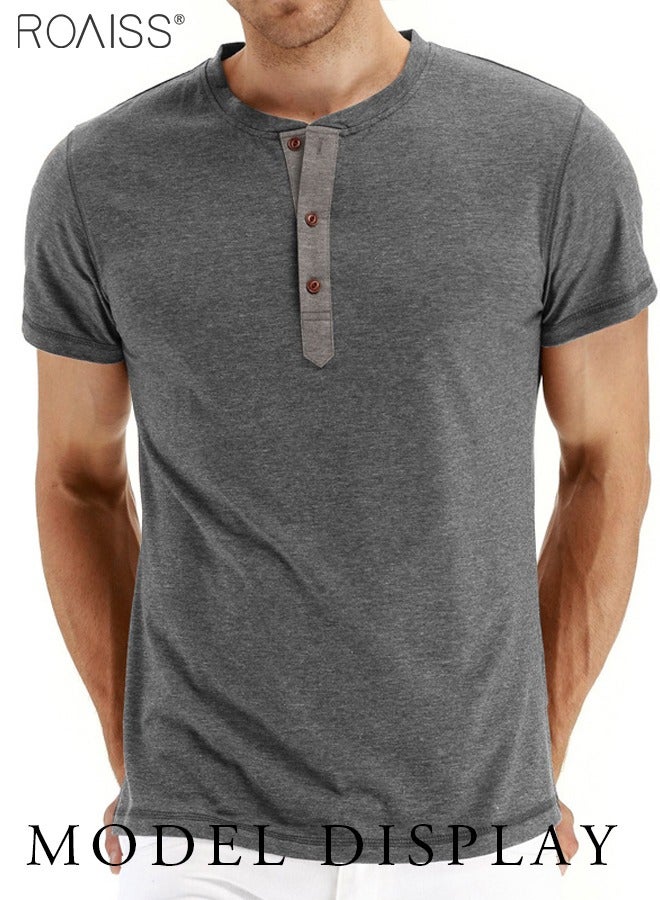 roaiss Men's Casual Henley Shirt Short Sleeve O Neck Pullover Button Splicing Tees Tops  - Image 3