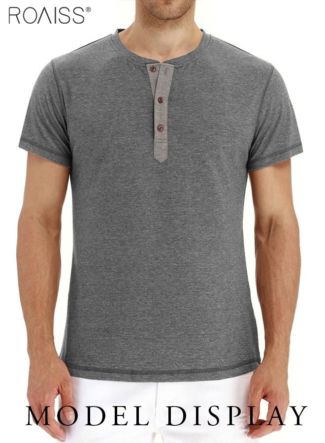 roaiss Men's Casual Henley Shirt Short Sleeve O Neck Pullover Button Splicing Tees Tops  - Image 4