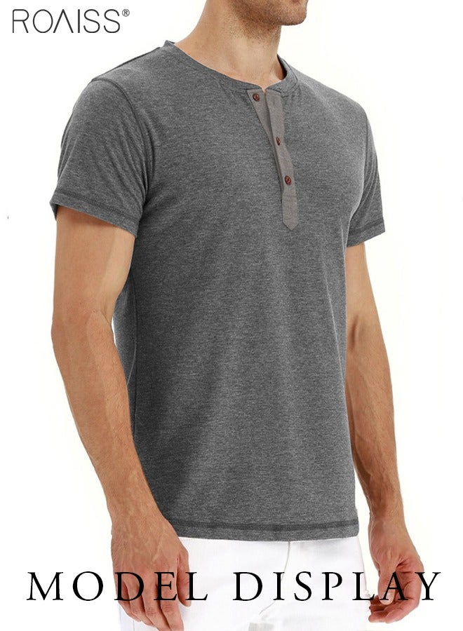 roaiss Men's Casual Henley Shirt Short Sleeve O Neck Pullover Button Splicing Tees Tops  - Image 1