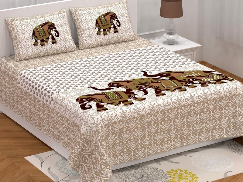 AC FASHION Rajasthani Jaipuri Traditional Sanganeri Elephant Print 160 TC 100 Pure Cotton Double Size Bedsheet with 2 Pillow Covers Beige - Image 1