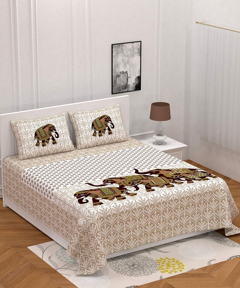 AC FASHION Rajasthani Jaipuri Traditional Sanganeri Elephant Print 160 TC 100 Pure Cotton Double Size Bedsheet with 2 Pillow Covers Beige - Image 2