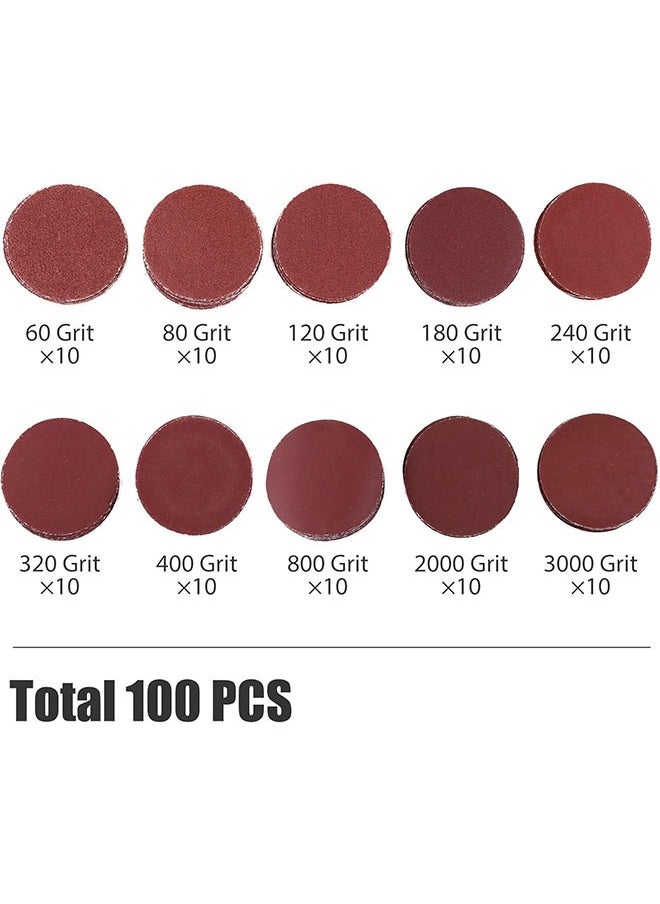 DAREU - 2 Inch Sanding Discs, 100PCS 60-3000 Grit Sandpaper and 1/4" Shank Backing Plate, Soft Foam Buffering Pad, for Drill Grinder Rotary Tool, Hook and Loop Sand Paper Assortment Pack - Image 1