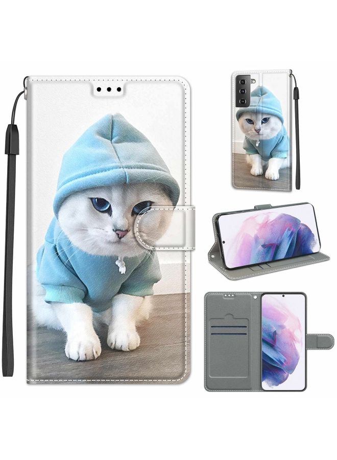 Case Cover For Samsung Galaxy S21+ 5G Voltage Colored Drawing Magnetic Clasp Horizontal Flip PU Leather Case with Holder & Card Slots (C15 Blue Sweater White Cat)