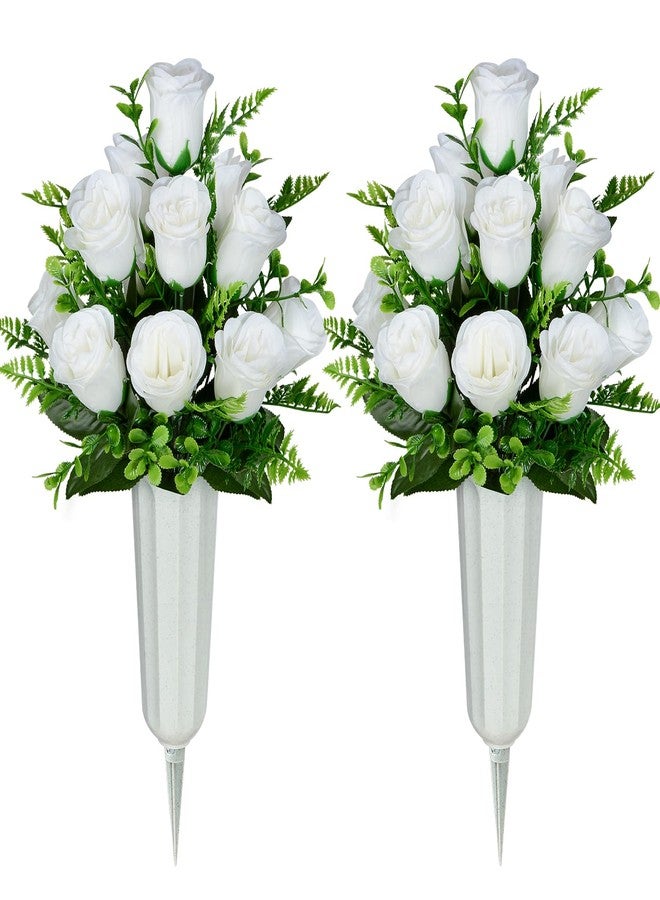 XONOR Artificial Cemetery Flowers, Set of 2 Artificial Rose Bouquet Grave Memorial Flowers with Vase for Cemetery Headstones Decoration (White) - Image 3