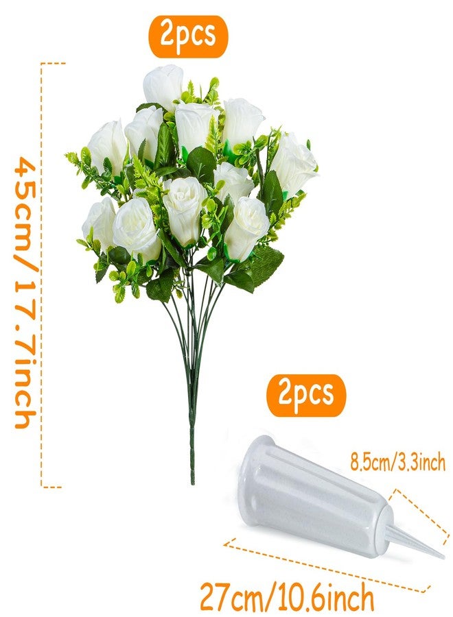 XONOR Artificial Cemetery Flowers, Set of 2 Artificial Rose Bouquet Grave Memorial Flowers with Vase for Cemetery Headstones Decoration (White) - Image 2
