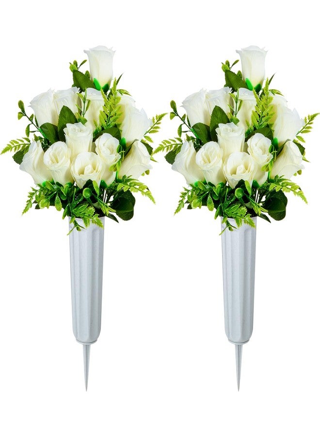 XONOR Artificial Cemetery Flowers, Set of 2 Artificial Rose Bouquet Grave Memorial Flowers with Vase for Cemetery Headstones Decoration (White) - Image 1