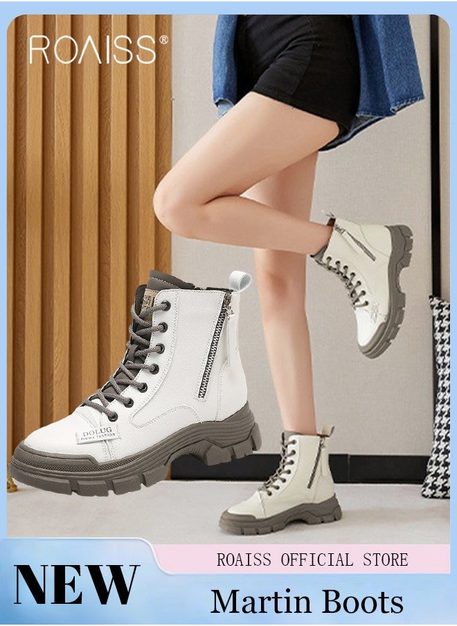 roaiss Women's Ankle Boots Ladies Combat Ankle Winter Warm Soft Casual Shoes Women High Top Leather Martin Boots Women Low Heel Lace Up Outdoor Trekking Hiking Work Boots  - Image 1