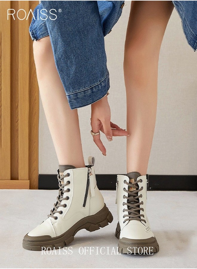 roaiss Women's Ankle Boots Ladies Combat Ankle Winter Warm Soft Casual Shoes Women High Top Leather Martin Boots Women Low Heel Lace Up Outdoor Trekking Hiking Work Boots  - Image 2