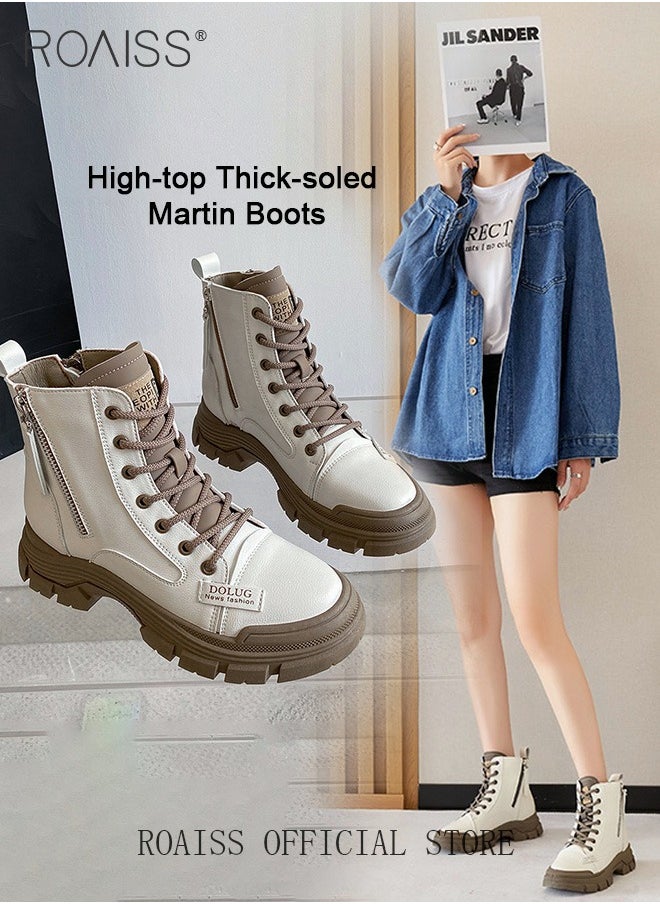 roaiss Women's Ankle Boots Ladies Combat Ankle Winter Warm Soft Casual Shoes Women High Top Leather Martin Boots Women Low Heel Lace Up Outdoor Trekking Hiking Work Boots  - Image 5