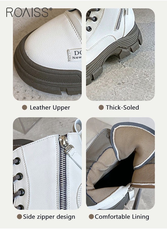 roaiss Women's Ankle Boots Ladies Combat Ankle Winter Warm Soft Casual Shoes Women High Top Leather Martin Boots Women Low Heel Lace Up Outdoor Trekking Hiking Work Boots  - Image 4
