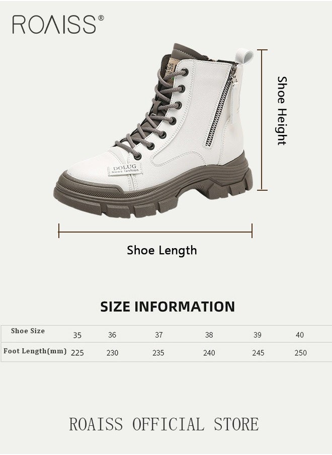 roaiss Women's Ankle Boots Ladies Combat Ankle Winter Warm Soft Casual Shoes Women High Top Leather Martin Boots Women Low Heel Lace Up Outdoor Trekking Hiking Work Boots  - Image 3
