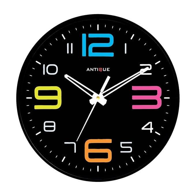 10 INCH ROUND SHAPE ANALOG WALL CLOCK WITH PLASTIC AND GLASS FOR HOME/KITCHEN/LIVING ROOM/BEDROOM/OFFICE, BLACK MULTICOLOR (25.4 X 25.4 X 4 CM), WHITE