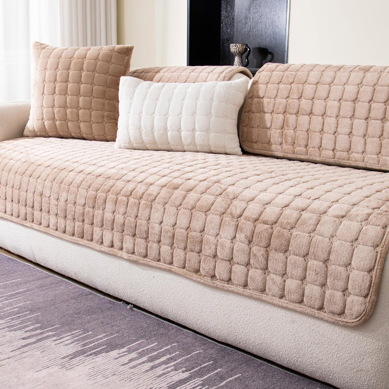 MDSASFD Velvet Couch Cover, Washable Sectional Sofa Cover, Anti Slip Sofa Slipcovers for 3 Cushion Couch Sofa L Shaped Recliner, Furniture Protector Covers for Pets Kids(Khaki, Only 1 PCS) - Image 1