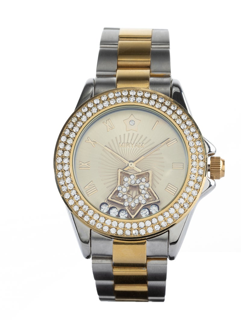 MIRYAM Women's watch, Elegant and soft Design, Studded with Zircon Stones, Gold Dial&Moving Star Inside, Waterproof, Stainless Steel Bracelet, Gold&Silver -448559SLS - Image 1