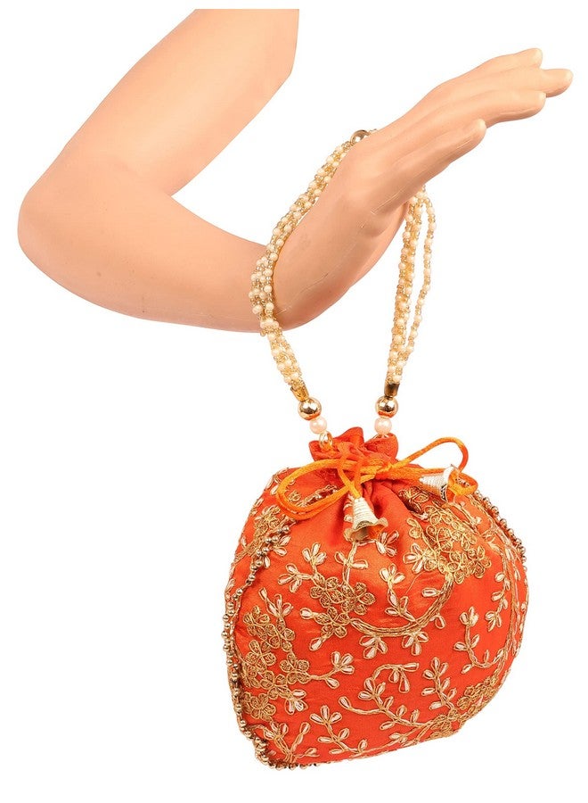 Touchstone New Indian Hand Embroidered Floral Shopping Gifts Jewelry Wedding Sweet Distribution Faux Pearls Strings Drawstring Blue Orange Grey Fancy Bag Purse Pouch (Set Of 3) For Women. - Image 2