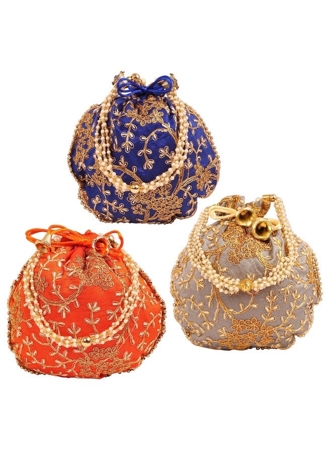 Touchstone New Indian Hand Embroidered Floral Shopping Gifts Jewelry Wedding Sweet Distribution Faux Pearls Strings Drawstring Blue Orange Grey Fancy Bag Purse Pouch (Set Of 3) For Women. - Image 1