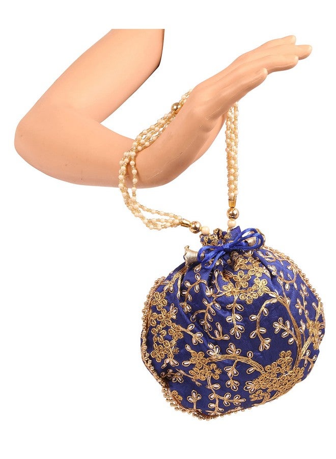 Touchstone New Indian Hand Embroidered Floral Shopping Gifts Jewelry Wedding Sweet Distribution Faux Pearls Strings Drawstring Blue Orange Grey Fancy Bag Purse Pouch (Set Of 3) For Women. - Image 4