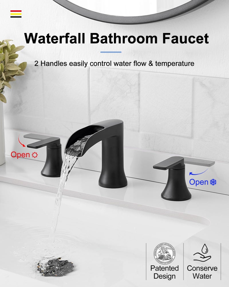 Hoigy Waterfall Bathroom Sink Faucet  Brass Black Bathroom Faucet  4-8 Inch 2 Handles Widespread Bathroom Faucets For Sink 3 Hole Vanity Lavatory Farmhouse Rv With Pop Up Drain And Supply Hose - Image 2
