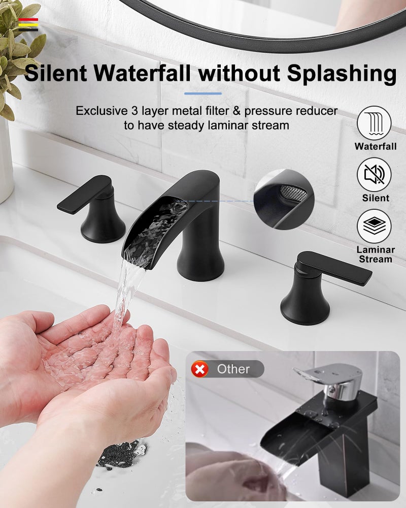 Hoigy Waterfall Bathroom Sink Faucet  Brass Black Bathroom Faucet  4-8 Inch 2 Handles Widespread Bathroom Faucets For Sink 3 Hole Vanity Lavatory Farmhouse Rv With Pop Up Drain And Supply Hose - Image 3