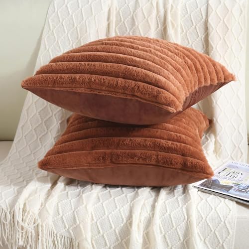 AEROHAVEN™ Premium Faux Rabbit Fur Plush Luxury Soft Fluffy Striped Decorative Throw Pillow/Cushion Covers for Sofa, Couch, Living Room - CC283 - (2, Brown, 16 x 16 Inch) - Image 5