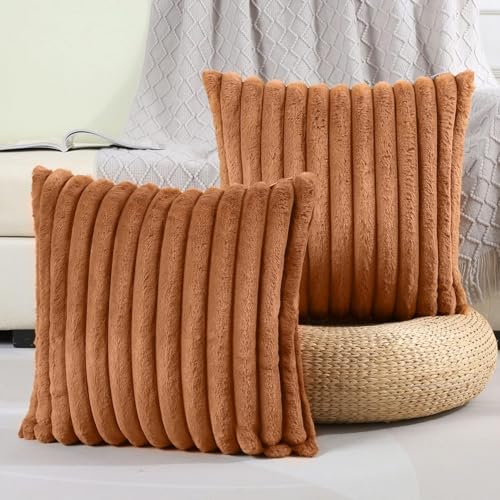 AEROHAVEN™ Premium Faux Rabbit Fur Plush Luxury Soft Fluffy Striped Decorative Throw Pillow/Cushion Covers for Sofa, Couch, Living Room - CC283 - (2, Brown, 16 x 16 Inch) - Image 1