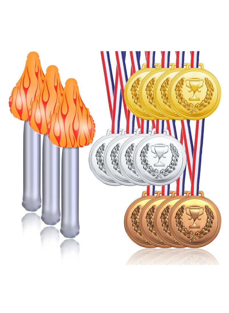 SOLARAE 12 Pieces Gold Silver Bronze Plastic Medals Winner Award Olympic Style Metal Awards and 3 Inflatable Torch Inflates for Competition Gymnastic Birthday Party Favors - Image 1