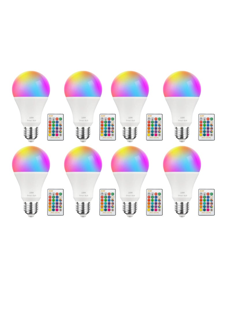 Yuwell - 8Pcs RGBW Smart LED Light Bulb 24 Color Changing Bulb With Remote Control Smart Bulb With 16 Million Color Range E27-18W Bulb 50000 Hour Lifespan 2700K-6500K Color Temperature For Home Room Decoration - Image 1