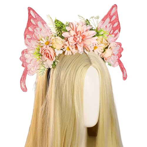 MOSTORY Pink Butterfly Fairy Headband Flower Crown with Wings Woodland Floral Hairband Elf Forest Headpiece for Women Princess Renaissance Renfaire Fairy Outfit Cosplay Photo Shoot - Image 1