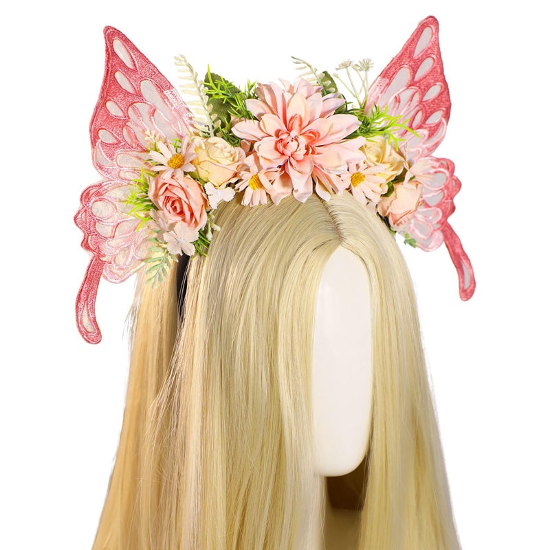 MOSTORY Pink Butterfly Fairy Headband Flower Crown with Wings Woodland Floral Hairband Elf Forest Headpiece for Women Princess Renaissance Renfaire Fairy Outfit Cosplay Photo Shoot - Image 2