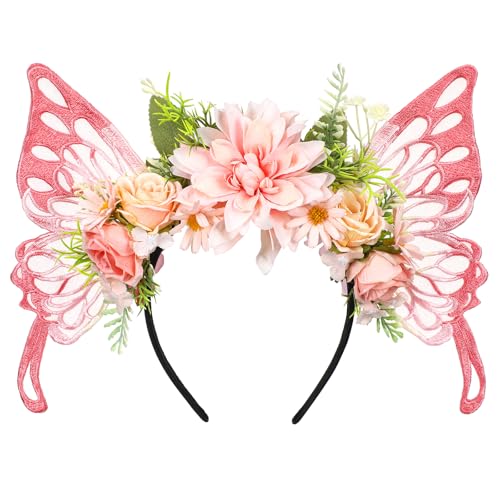 MOSTORY Pink Butterfly Fairy Headband Flower Crown with Wings Woodland Floral Hairband Elf Forest Headpiece for Women Princess Renaissance Renfaire Fairy Outfit Cosplay Photo Shoot - Image 3
