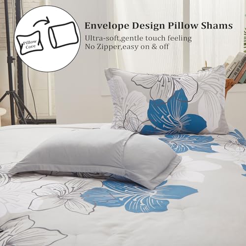 Menghomeus Floral Comforter Set Queen 3 Piece Blue Floral Pattern Printed on Grey Soft Microfiber Bedding Set Lightweight Bed Comforter Set for All Season (1 Comforter, 2 Pillowcases) - Image 5
