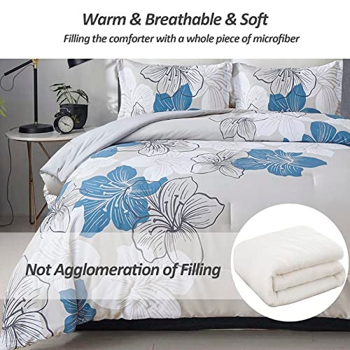 Menghomeus Floral Comforter Set Queen 3 Piece Blue Floral Pattern Printed on Grey Soft Microfiber Bedding Set Lightweight Bed Comforter Set for All Season (1 Comforter, 2 Pillowcases) - Image 3