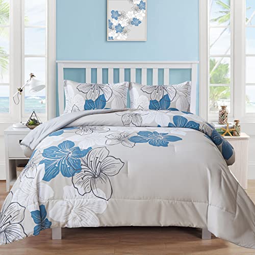 Menghomeus Floral Comforter Set Queen 3 Piece Blue Floral Pattern Printed on Grey Soft Microfiber Bedding Set Lightweight Bed Comforter Set for All Season (1 Comforter, 2 Pillowcases) - Image 1